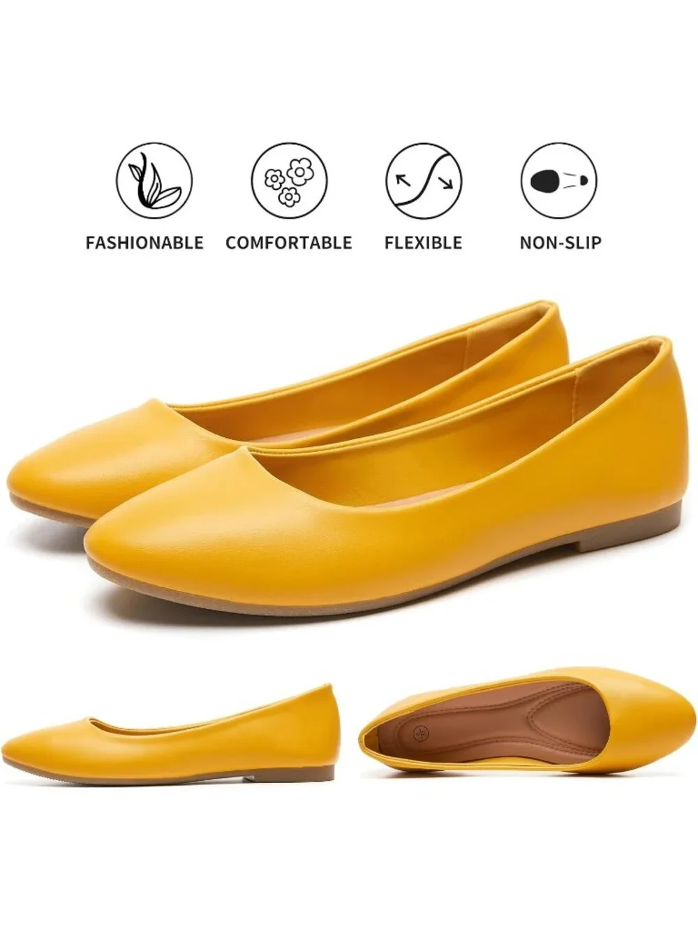 Women's Yellow PU Leather Closed Toe Comfortable Flexible Slip On Ballet Flats